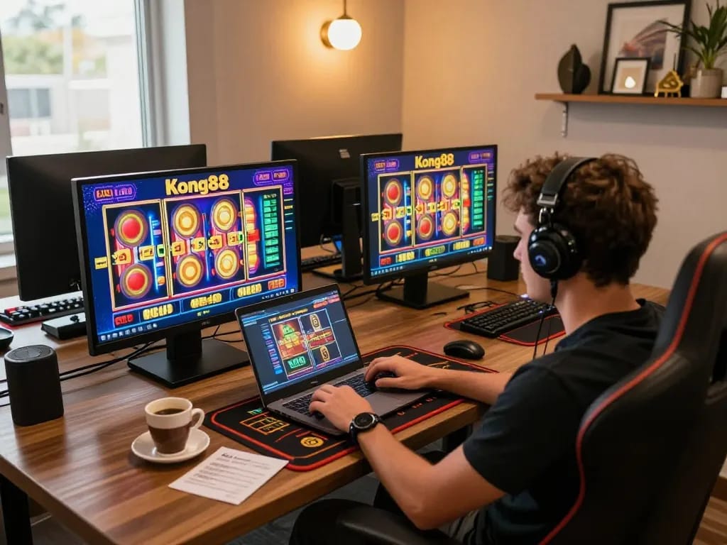 Engage in thrilling gameplay at casino kong88 with vibrant slot machine reels spinning on a laptop.