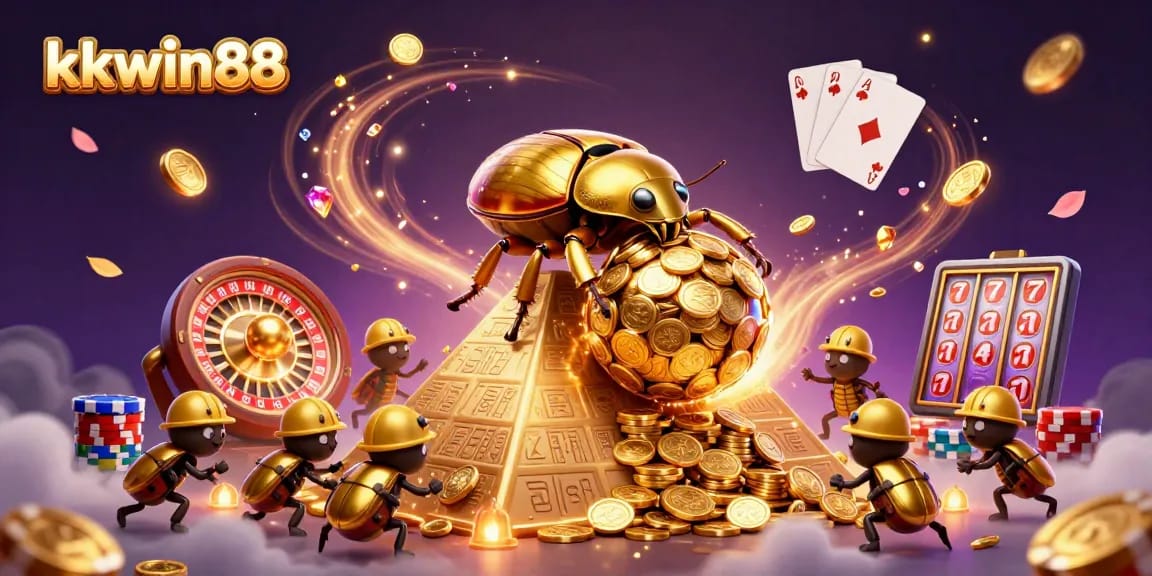 Experience kkwin88 excitement with a dynamic casino-themed scene filled with gold coins and gaming elements.