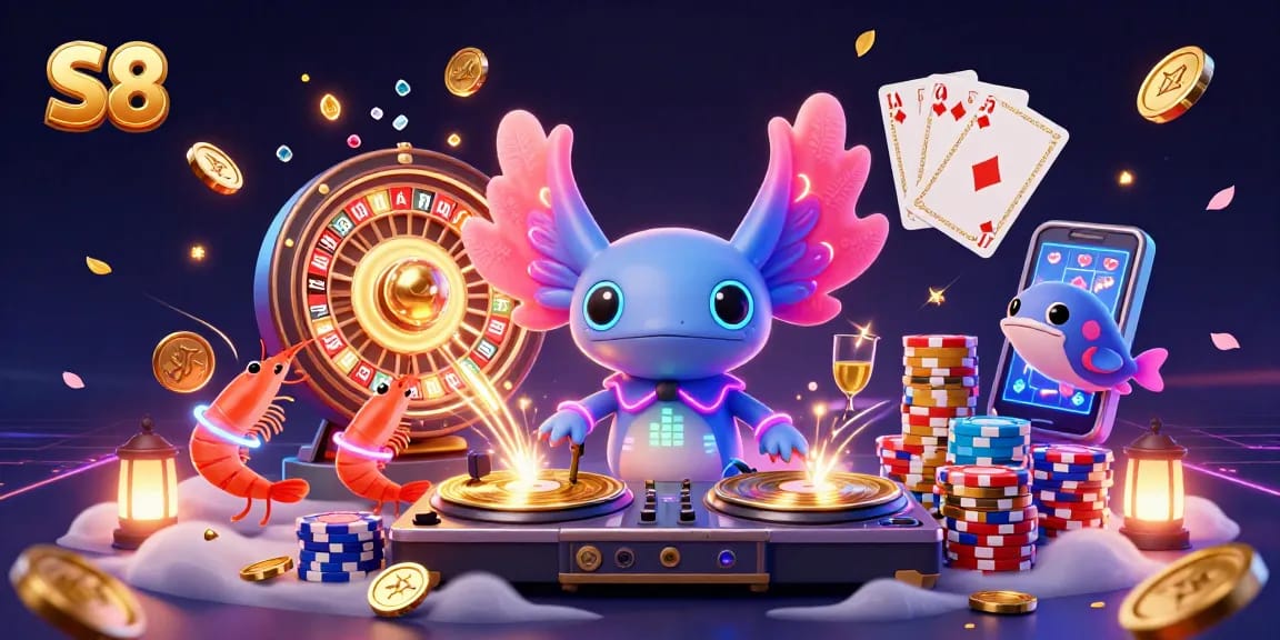 Experience the thrill of S8 with vibrant characters celebrating casino wins and spinning fortunes.