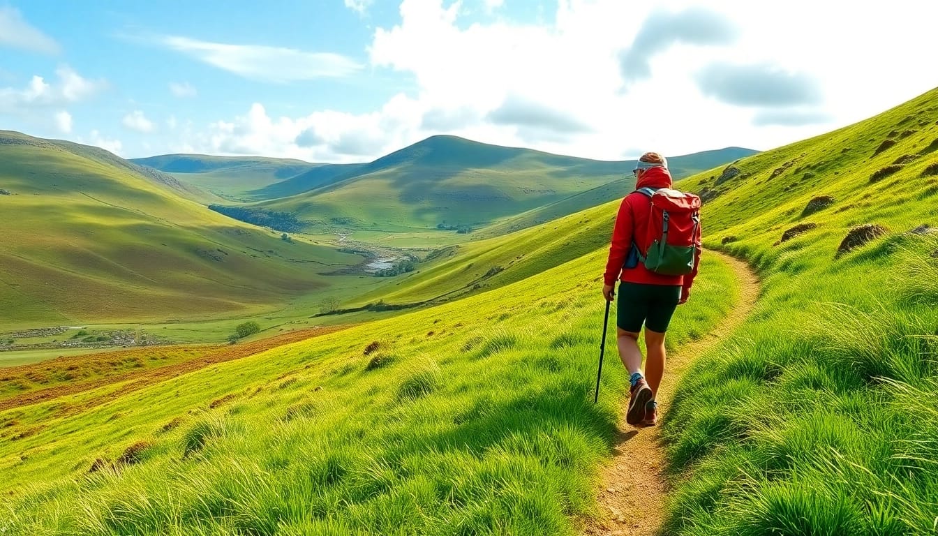 Irland wandern auf einem malerischen Wanderweg mit üppigen grünen Hügeln.