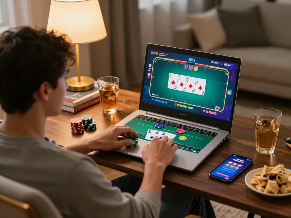 Player enjoying poker gameplay on RR88 online casino platform from home with snacks and drinks
