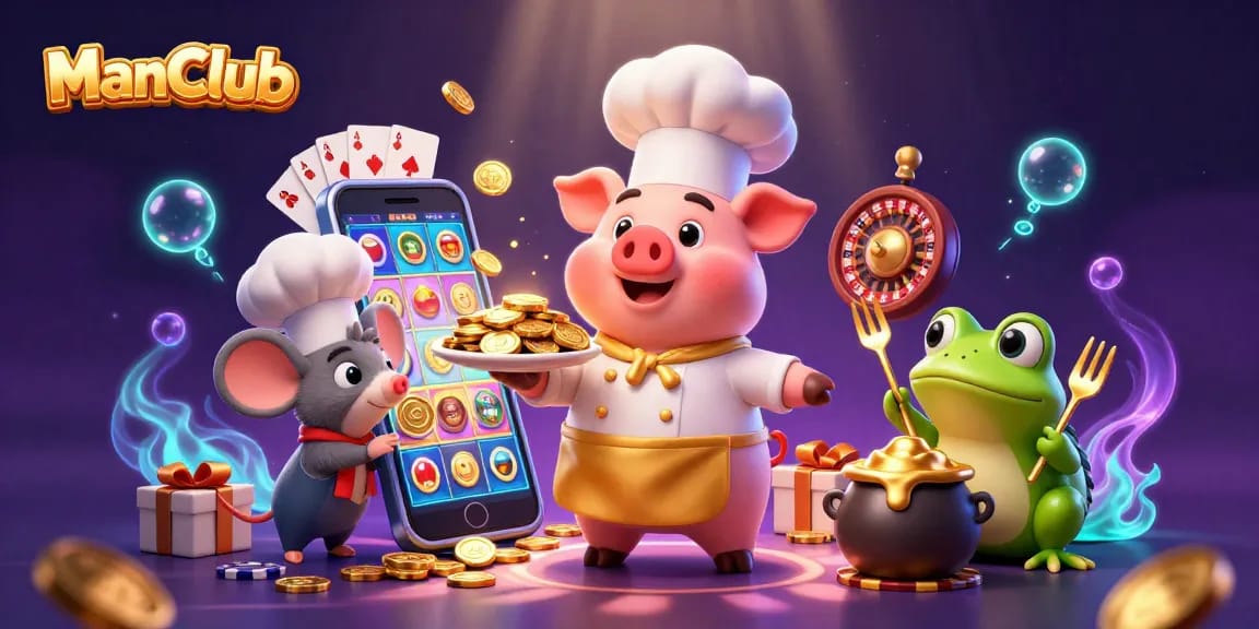 Engage with ManClub's thrilling gaming experience featuring lively characters and vibrant casino elements.