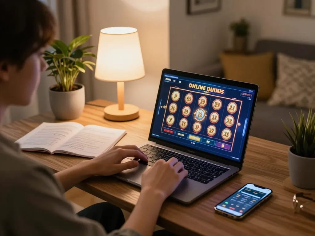 Engaging in online gambling at https://ok904.com/ using a laptop and strategic notes in a cozy home setting.