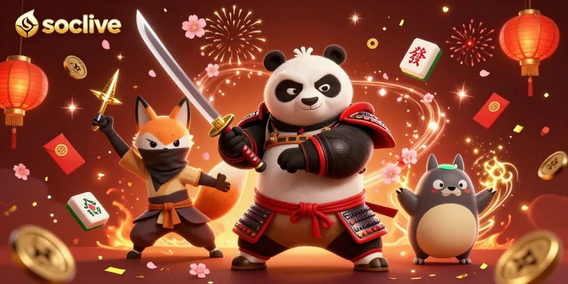 Socolive enhances live gaming experiences with vibrant 3D illustration featuring samurai panda and ninja fox