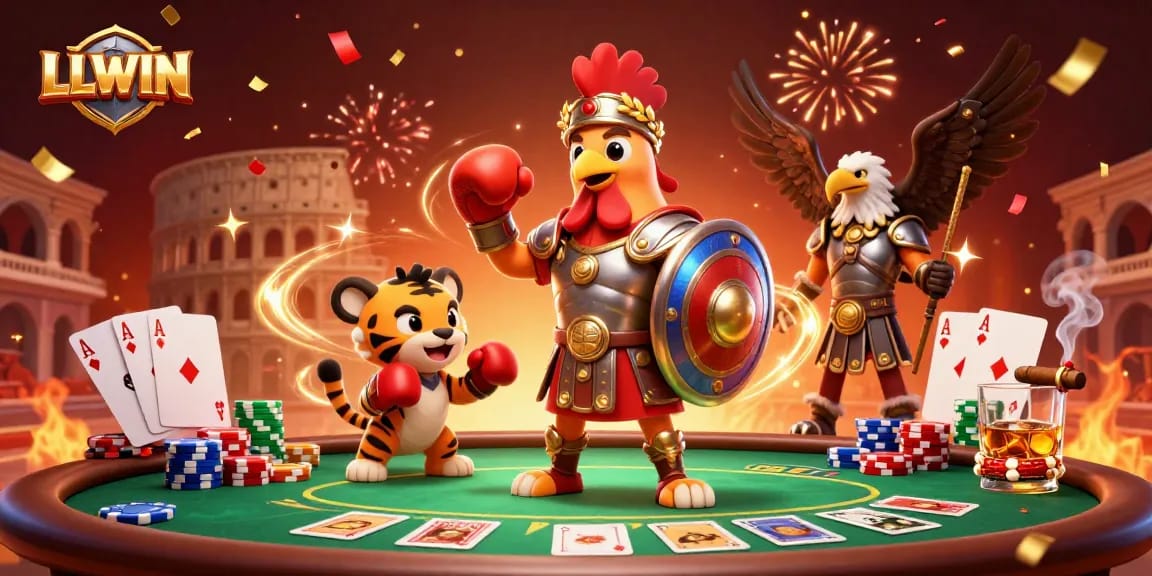 Experience the excitement at LLWIN's dynamic gaming scene featuring casino characters and high-stakes poker action.