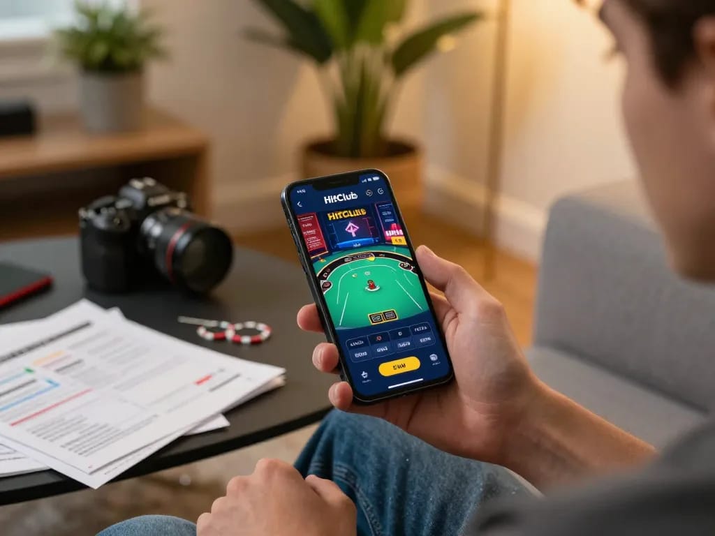 Player engaging in online gaming with the Hitclub app on their smartphone in a cozy living room
