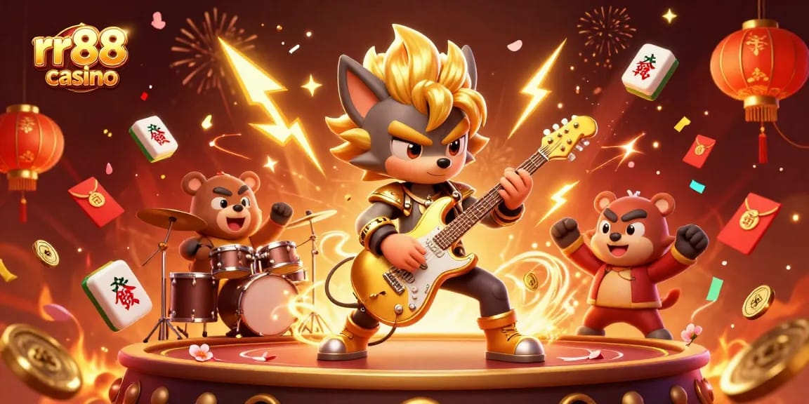 Experience excitement at rr88 casino with a rock star wolf and drummer bear in a vibrant casino scene.