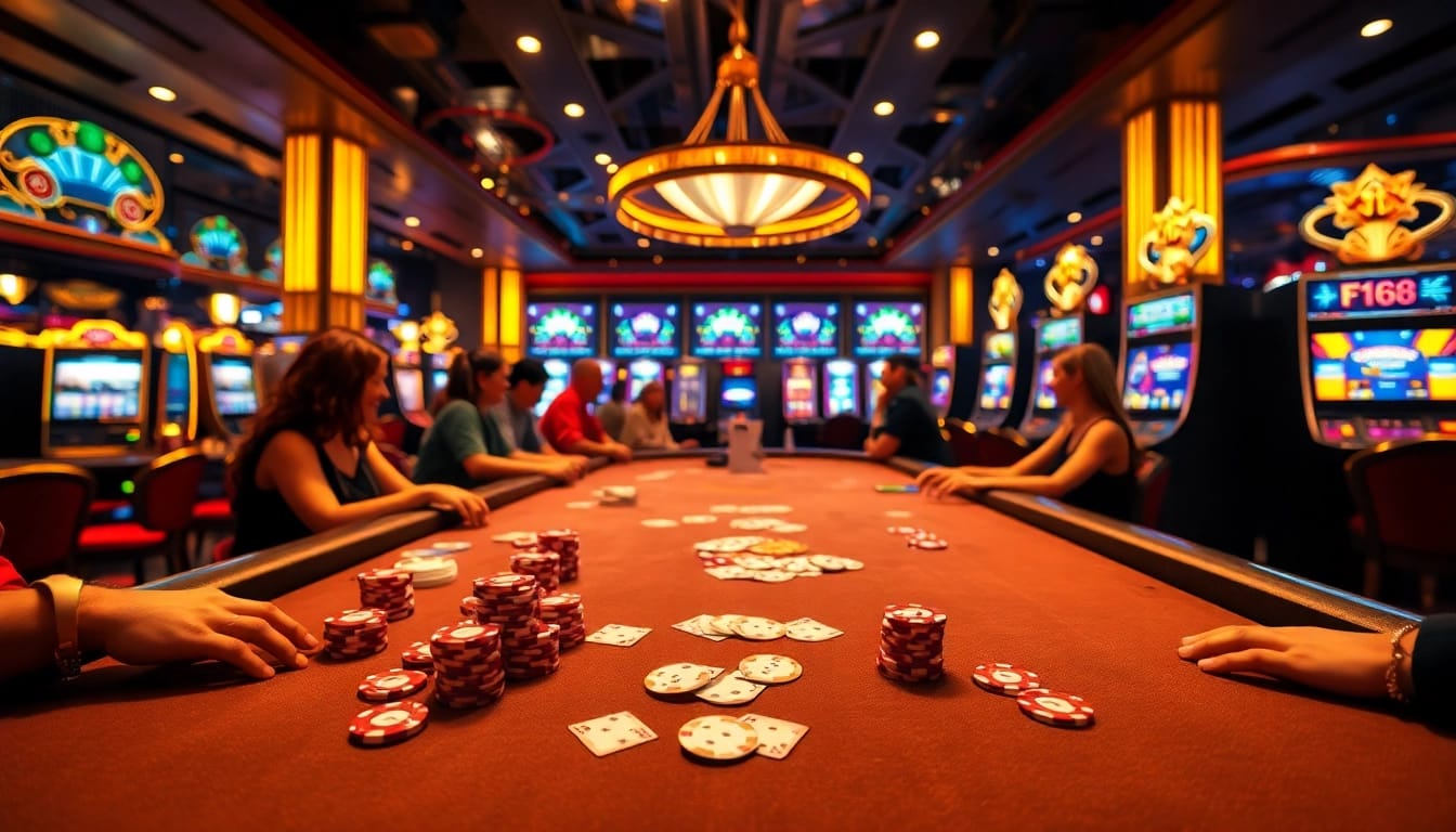 F168 casino experience featuring an exciting poker table with vibrant chips and cards.