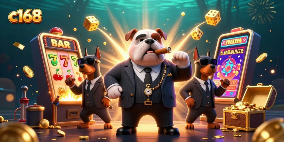 Engage in thrilling games at c168 with a colorful casino scene featuring dynamic slot machines and characters.