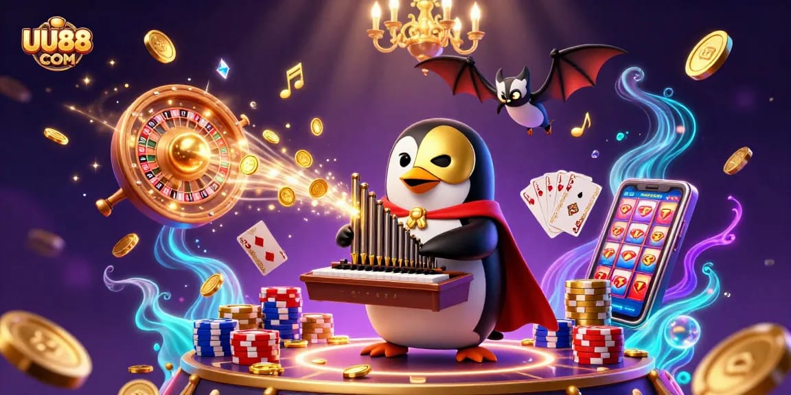 Playing to win at UU88 COM, a penguin on an organ unleashes showers of golden coins amidst casino thrills.