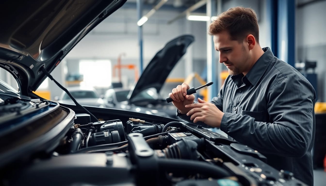 Motorschaden Ankauf Prozess mit Experten und beschädigtem Fahrzeug in einer gut beleuchteten Werkstatt.