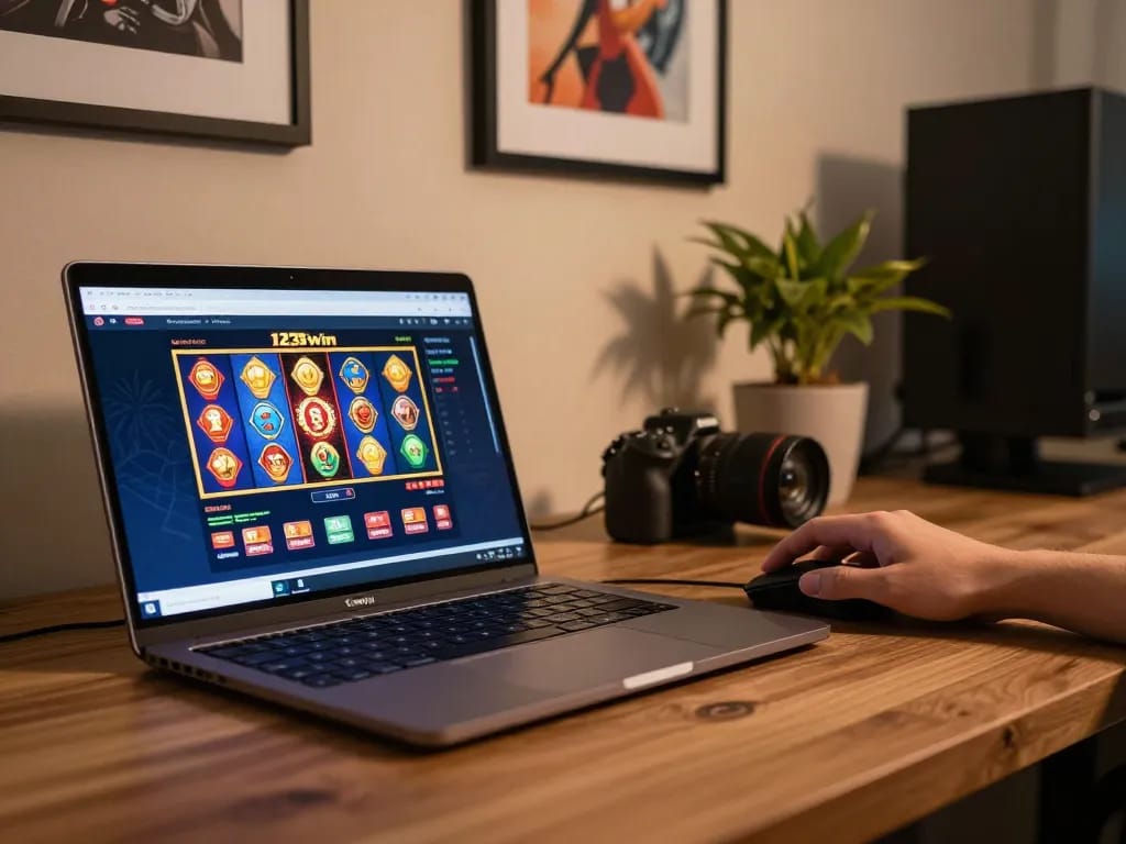 Engaging gameplay on 123win com with vibrant slots and a cozy online gaming setup.