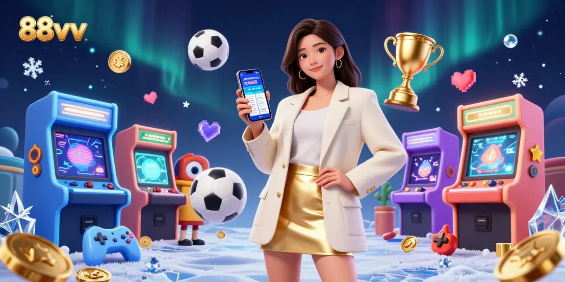 Win big at 88vv with sports betting, featuring a friendly Asian woman and vibrant game elements.