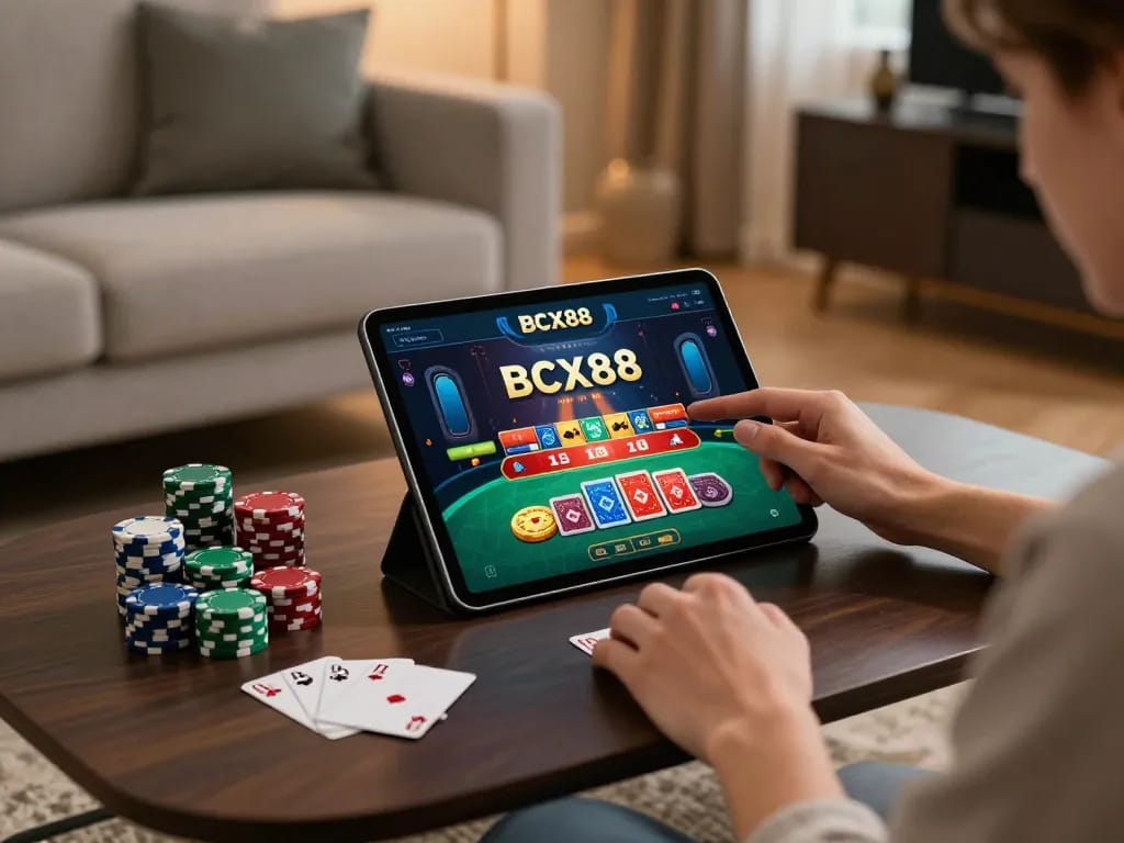 Engaging user playing BCX88 casino app on tablet, showcasing strategic online gambling