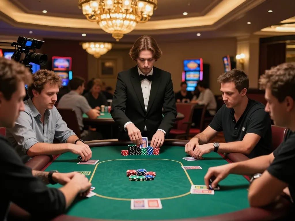 Players at a poker table on https://nk88.co.uk/ focused on their hands in a luxury casino.