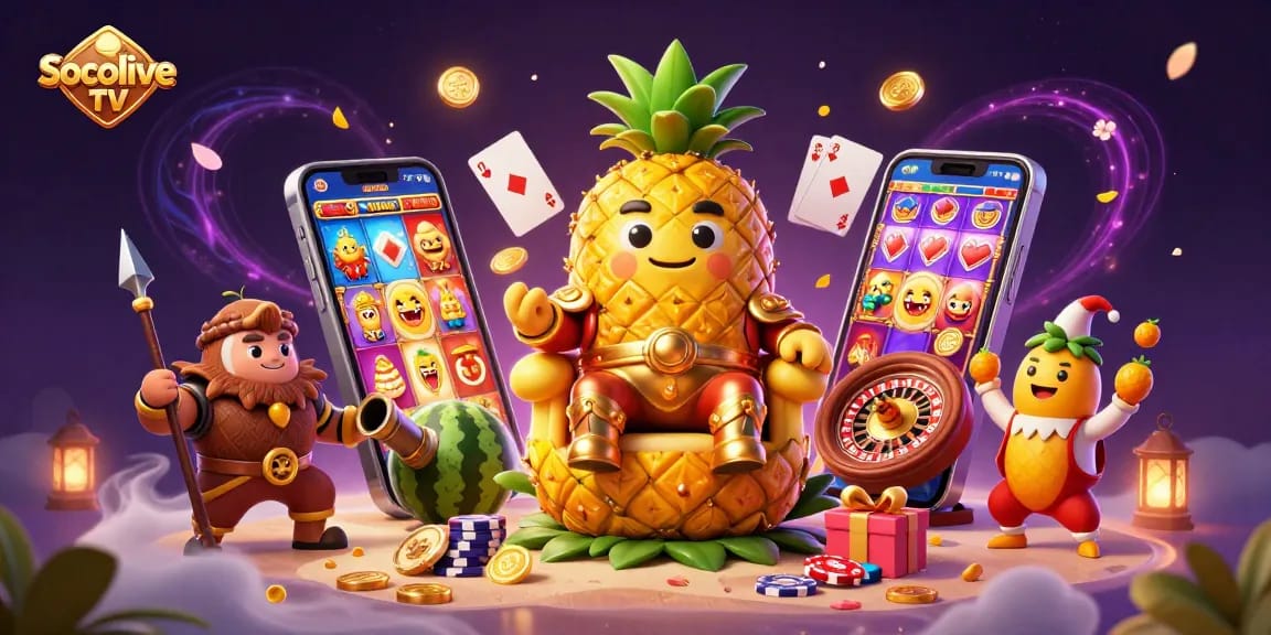 Socolive TV showcases vibrant gameplay with a colorful smartphone and gaming characters in a dynamic casino scene.