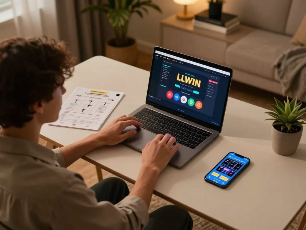 LLWIN online gaming experience showcasing a player engaged in strategic bets at their stylish home desk.