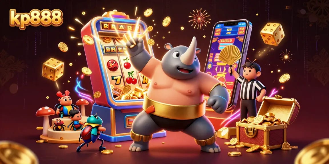 Experience exciting jackpots at kp888 with a beetle sumo champion and vibrant casino elements.