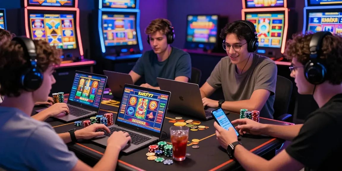 Slot777 menampilkan suasana perjudian online yang seru dengan teman-teman bermain bersama, laptop dan ponsel penuh permainan slot.