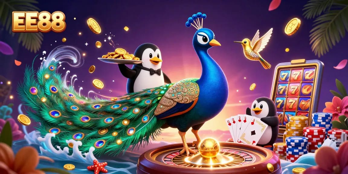 Experience EE88's vibrant casino scene with peacock, penguin, and hummingbird amidst gold coins and roulette.