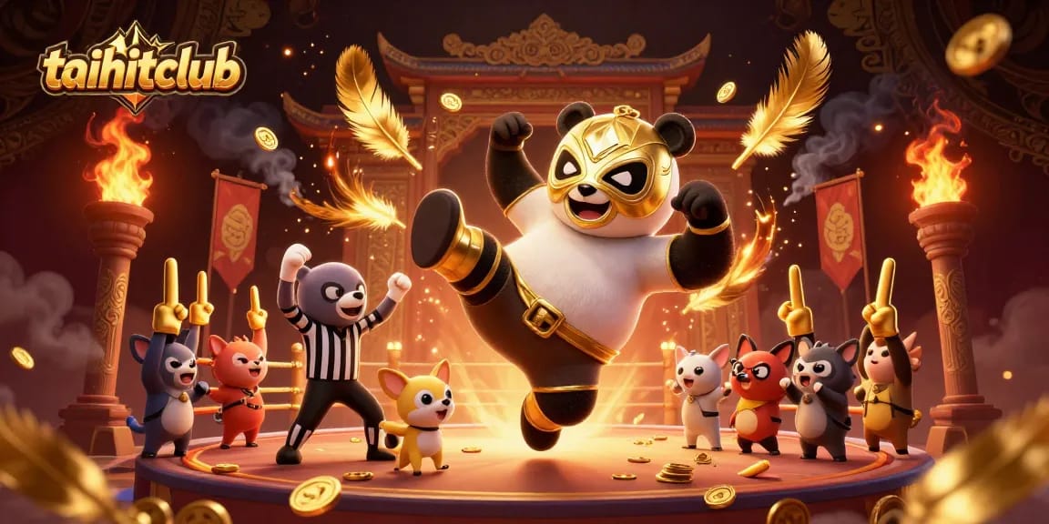 Experience the excitement at taihitclub with a lively scene of a panda wrestler in action, cheering animal fans, and vibrant casino elements.