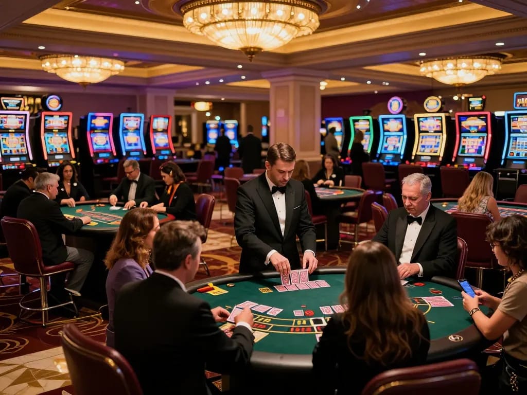 Excited players at a blackjack table enjoying iwin games in a luxurious Vegas casino setting
