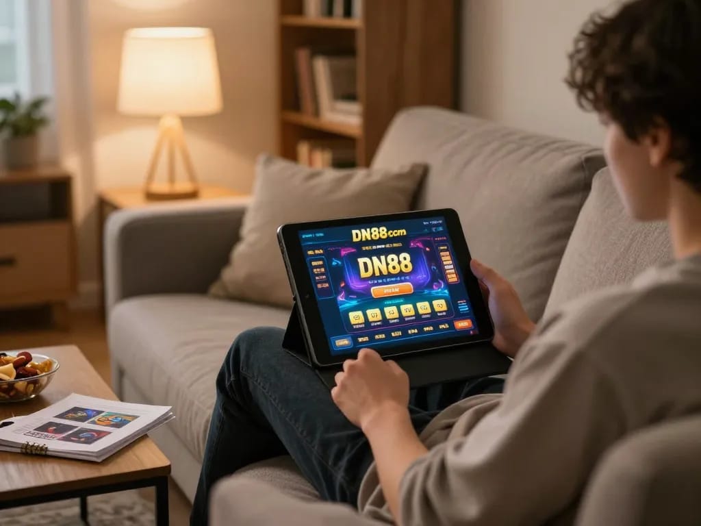 Engaged user at home playing on DN88 com gambling platform, cozy gaming atmosphere with notes.