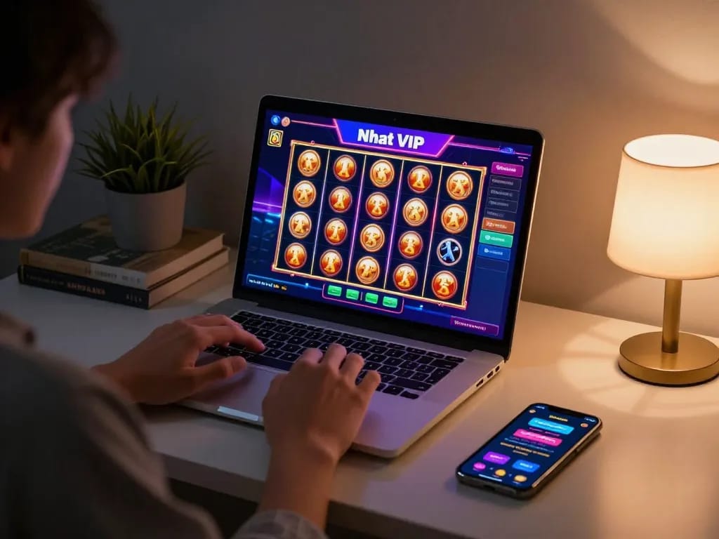 Nhat VIP online gaming experience with a laptop showcasing vibrant slots interface and responsible gaming elements
