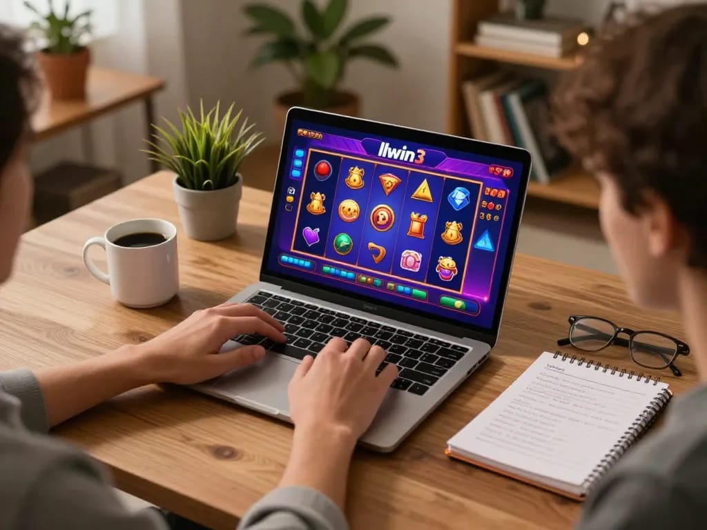 Engaged player using llwin3 for online casino gaming at home with strategic notes.