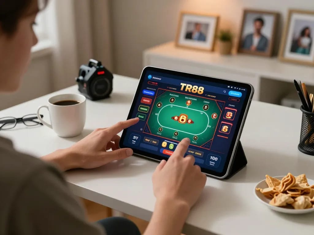 Engaging with the TR88 casino app on a tablet during a cozy home gaming session.