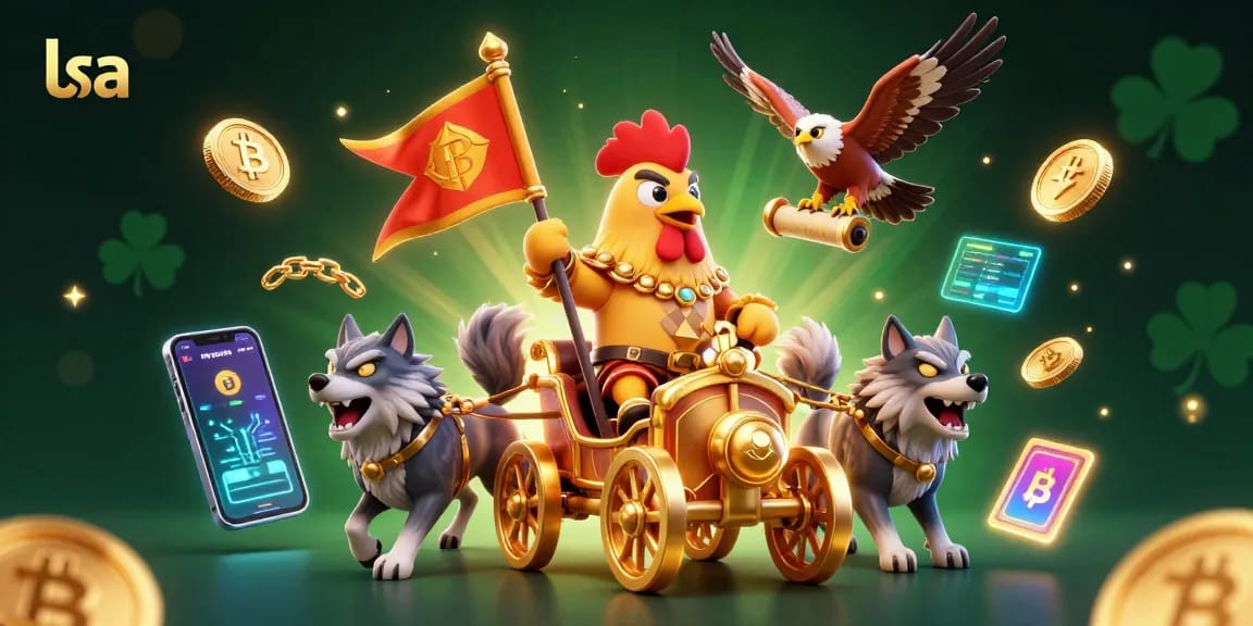 Experience thrilling gameplay at lsa with a vibrant 3D casino scene featuring unique characters and crypto elements.