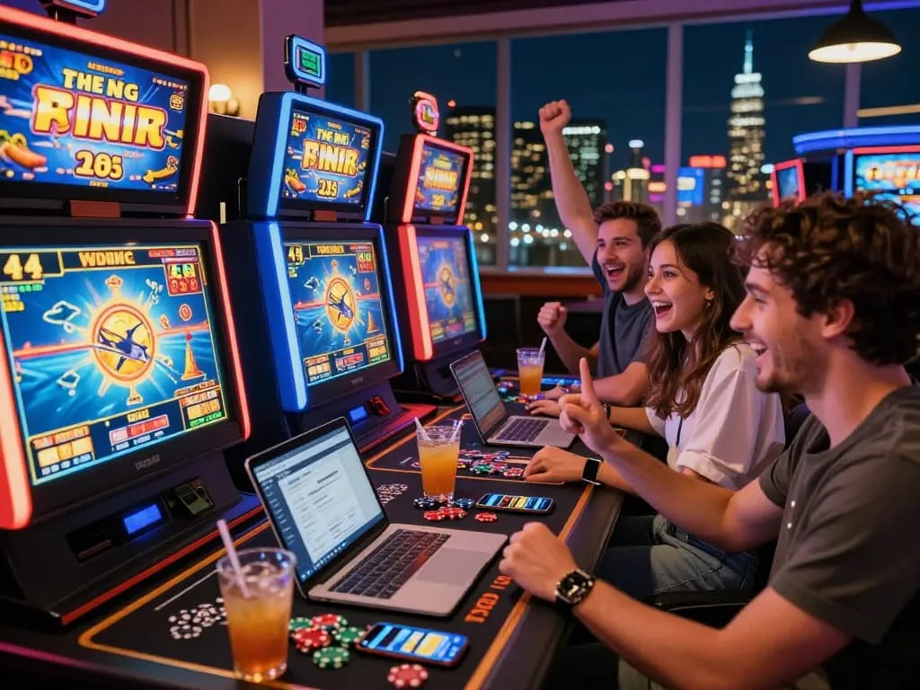79King gaming experience in a lively casino environment with friends celebrating a win.