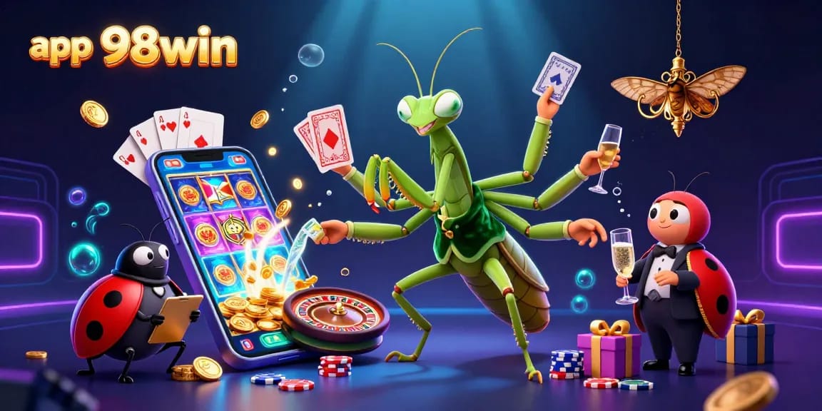 Experience the thrill with the app 98win as a giant praying mantis card sharp engages in dazzling card games, pouring champagne amid vibrant casino elements.