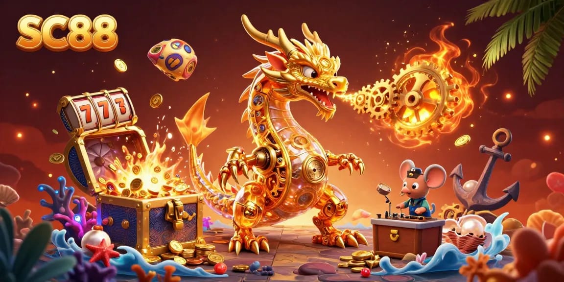 Experience thrilling wins with SC88 in this vibrant 3D casino adventure, featuring golden dragon and treasure.