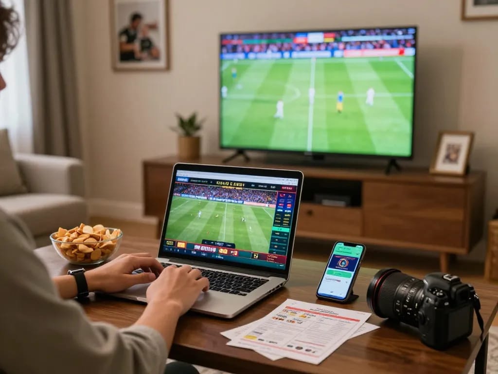 Engaging in online sports betting with nhà cái C168 on a laptop surrounded by a cozy gaming atmosphere.