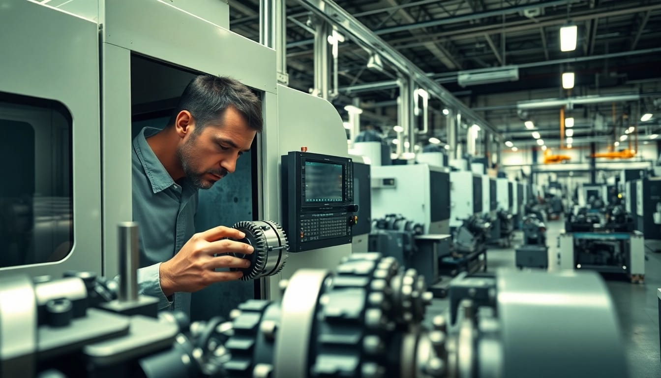 Aktuelle Nachrichten aus der CNC Branche, Maschinenbediener inspiziert hochwertigen CNC-Teil in moderner Fabrik.