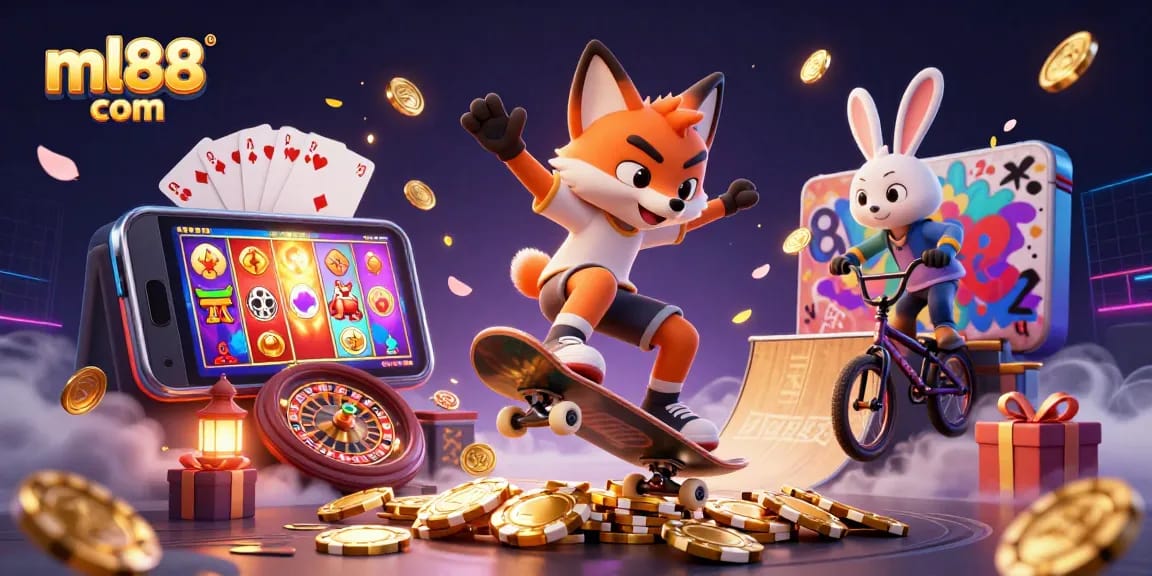 Engage with ml88 com as a fox does tricks over golden poker chips amid vibrant casino elements.
