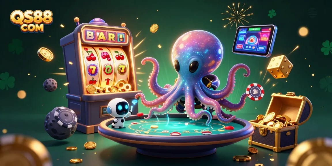 Experience thrilling gaming adventures at QS88 COM; vibrant illustration showcasing dynamic casino elements.