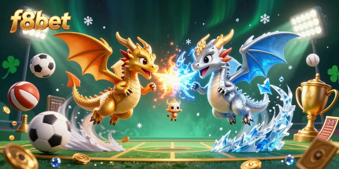 Place bets and win with f8bet in this dynamic 3D casino-themed illustration featuring dragons.