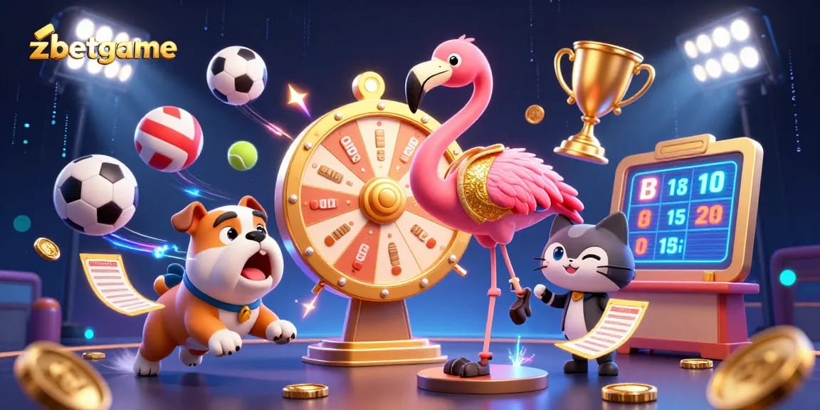 Spin the giant prize wheel at zbetgame with an enthusiastic bulldog contestant and a scoreboard cat assistant in a lively scene!