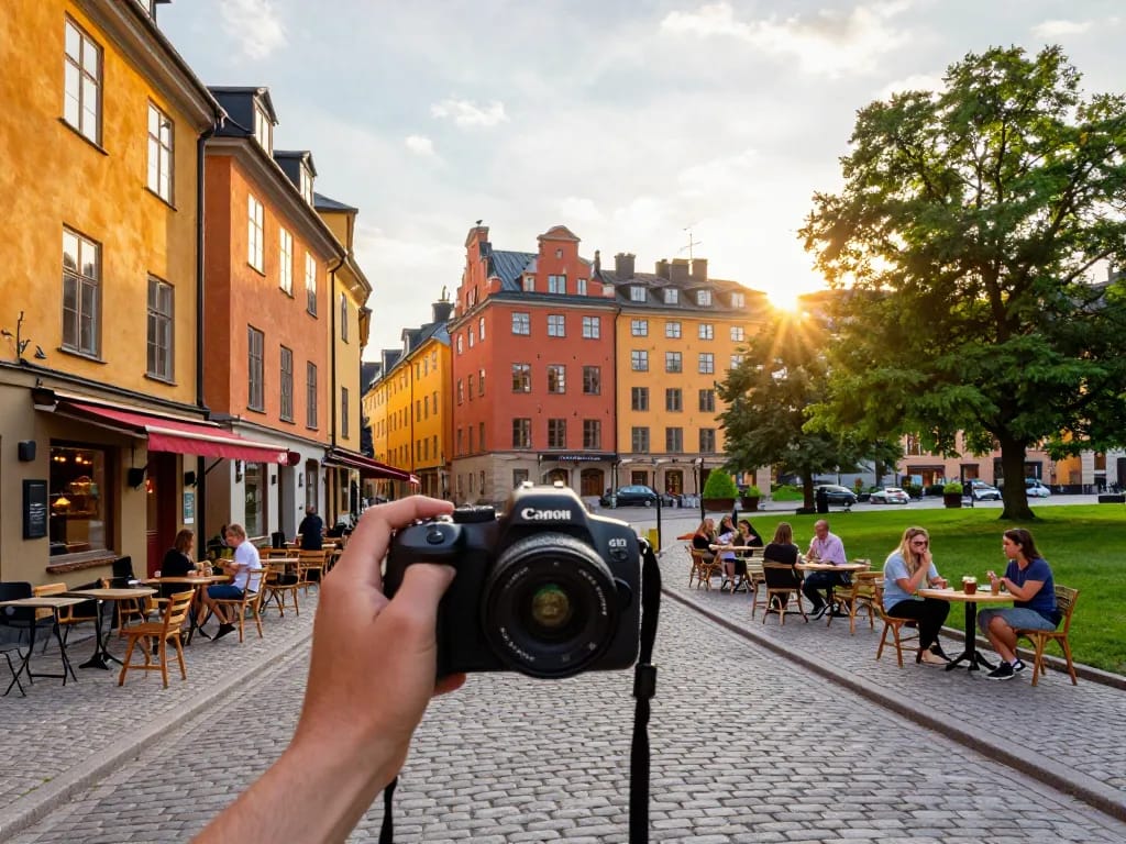 Reisetipps Stockholm - Ein Reisender genießt die lebhaften Straßen Stockholms und fängt den Charme der Stadt zwischen historischen Gebäuden und Cafés ein.