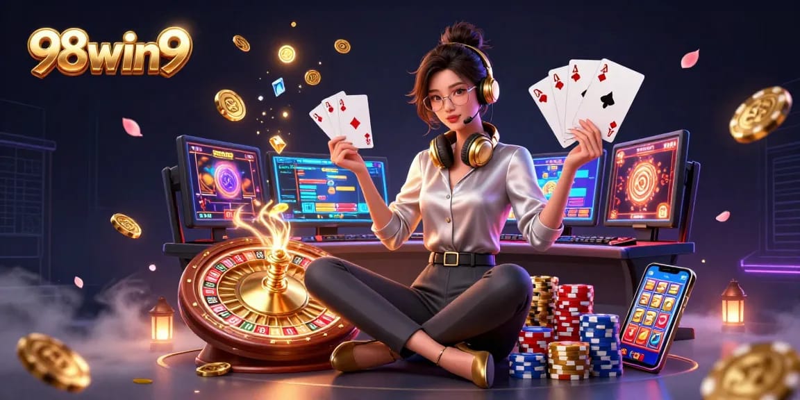 Engage with thrilling slot and casino games at 98win9, featuring gold coins and vibrant visuals.