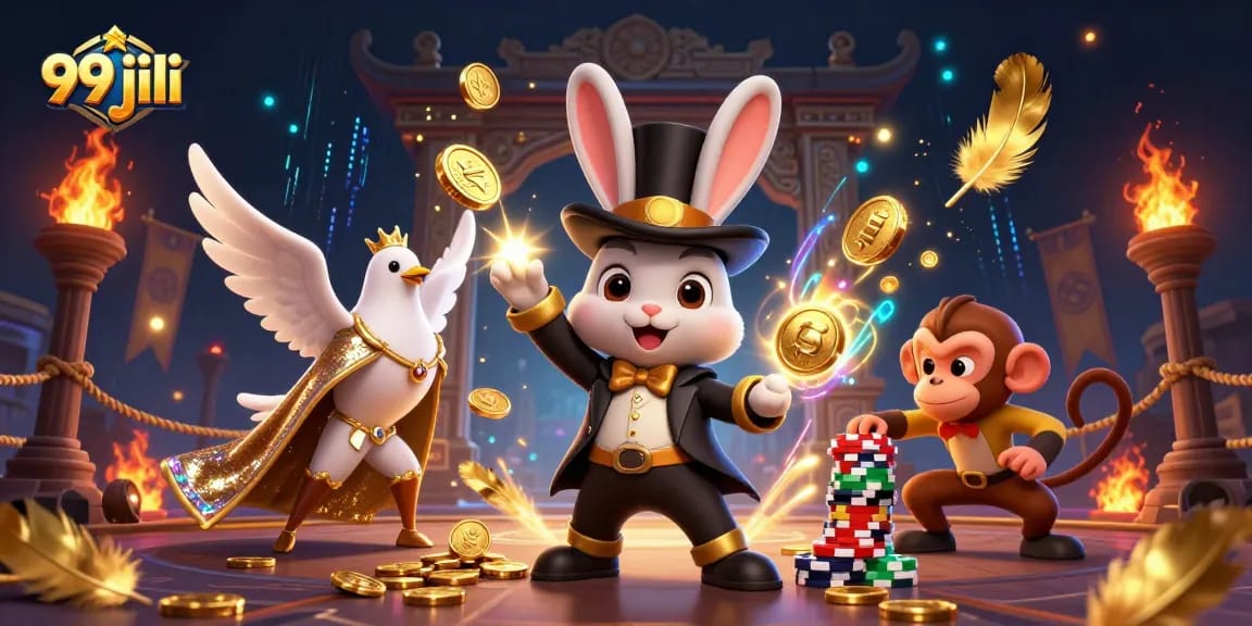 Engage in thrilling gambling action with 99 jili's animated characters and casino elements.