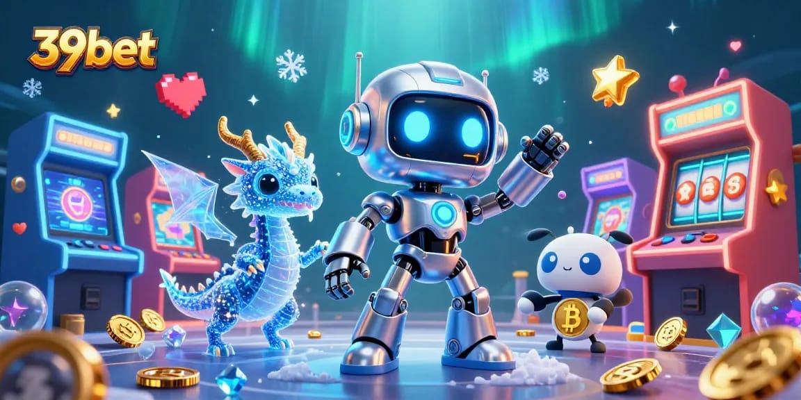 Spin the reels at 39bet with a 3D cartoon cyberpunk robot and AI companions amid glowing game machines.