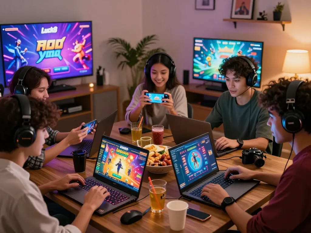 Exciting group of friends enjoying Luck8 online gaming experience with vibrant graphics and cozy environment.