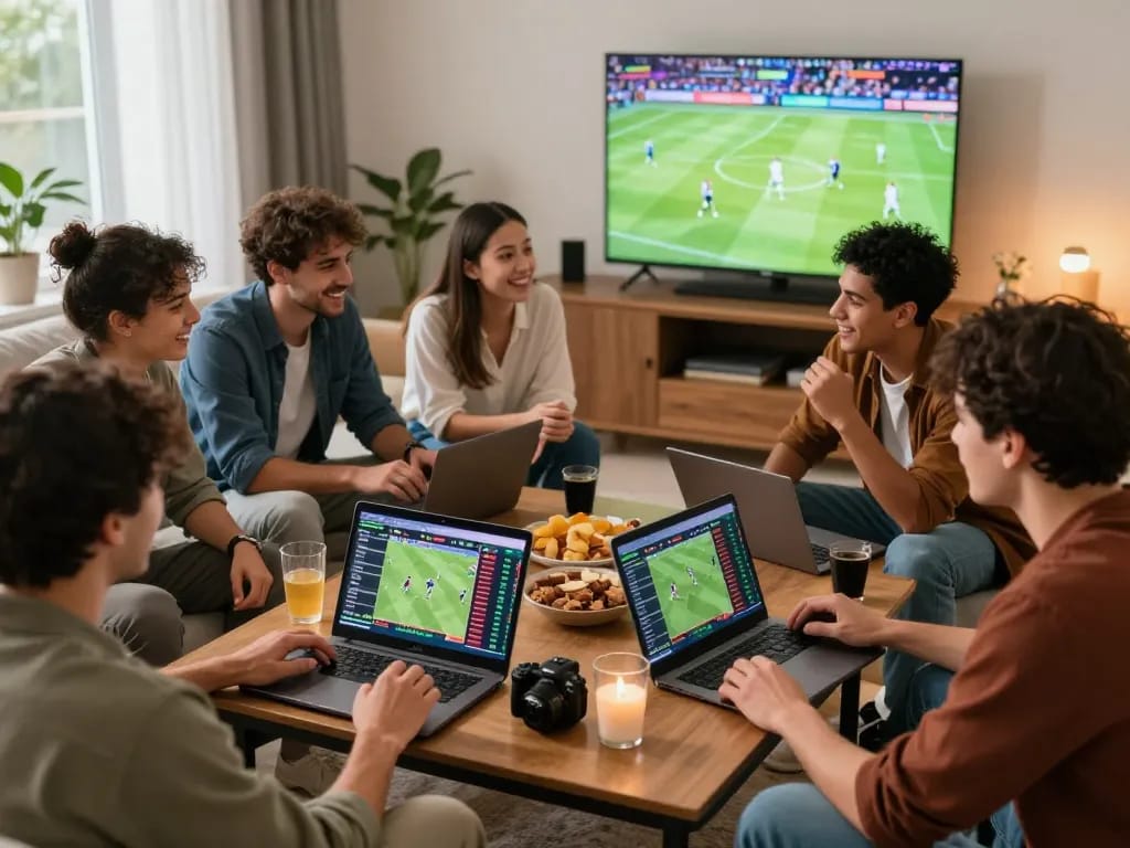 Friends engaging in zbet online sports betting in a lively living room.