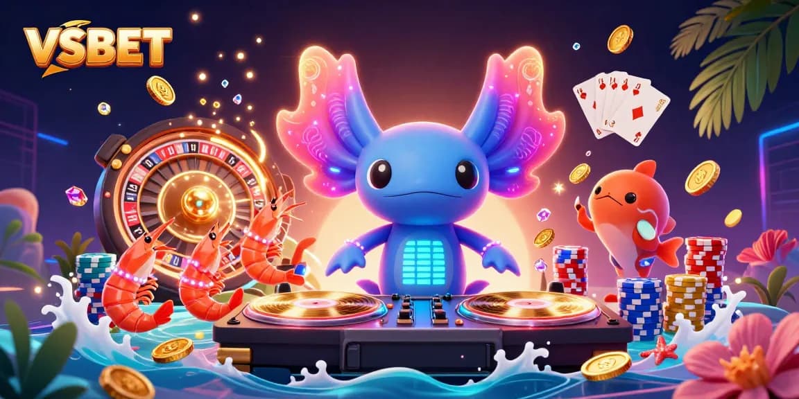 Engage with VSBET's vibrant casino experience featuring a DJ axolotl and lively sea creatures.