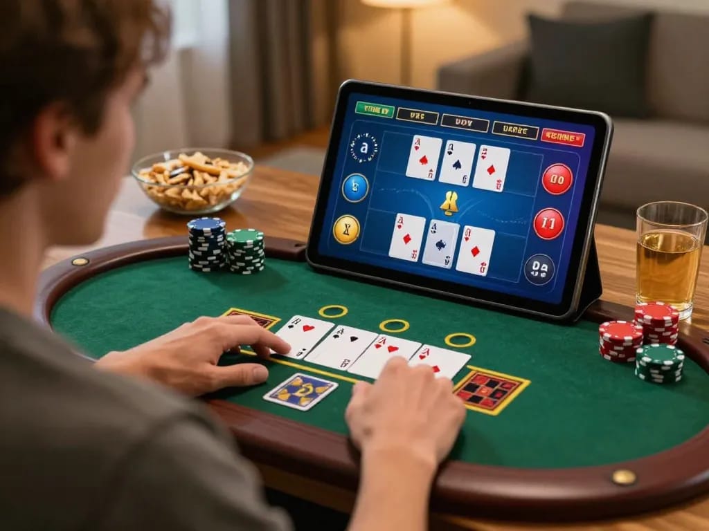 Player enjoying 92slot online blackjack on a tablet in a cozy home setting.