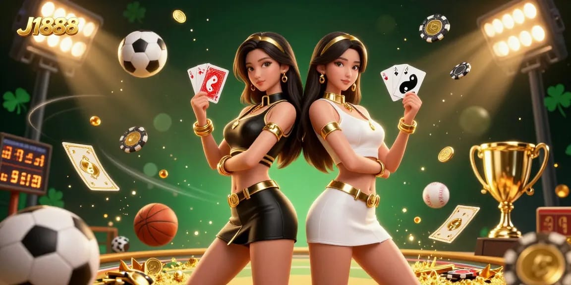 Experience thrilling action with J1888, as stunning twin Asian women showcase their cards in an electrifying casino scene.