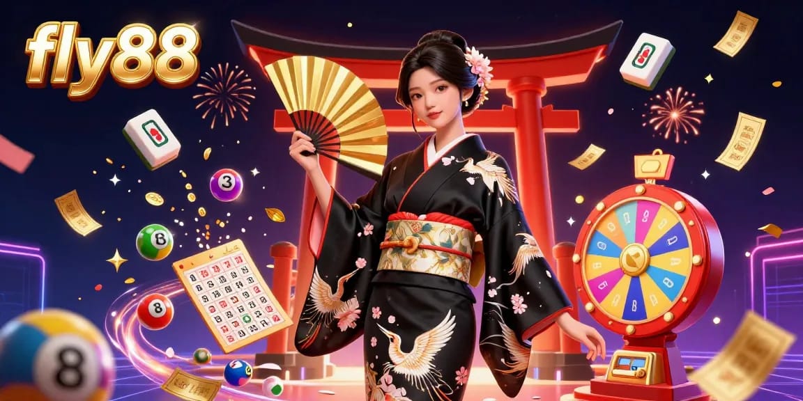 Engage in dynamic gambling excitement with fly88 as colorful lottery elements surround an elegant Asian woman in a dazzling scene.